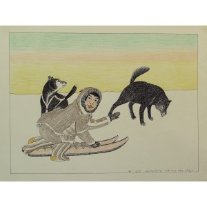 KANANGINAK POOTOOGOOK, RCA   1935-2010       Boy Playing with Dogs  (drawing)